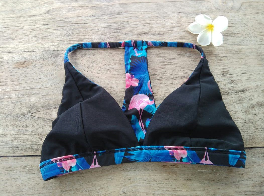 TIKIYOGI® Flora Flamingo Reversible Back Racer Bikini Top