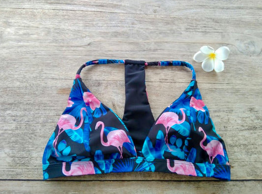 TIKIYOGI® Flora Flamingo Reversible Back Racer Bikini Top